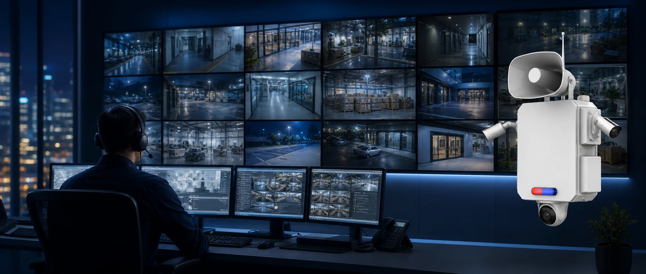 Live video monitoring center reviewing commercial camera feeds